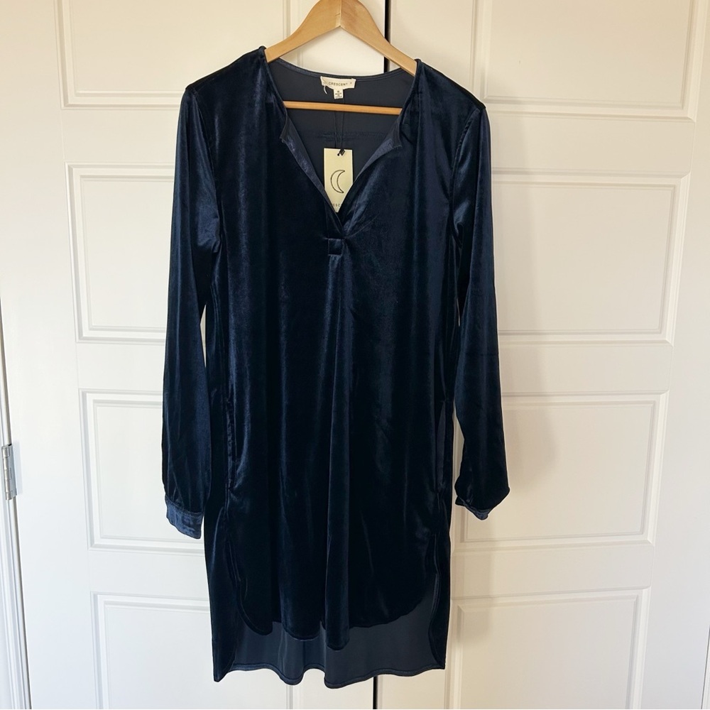 New With Tag Crescent Midnight Blue Velvet Tunic Dress Long Sleeve Size M